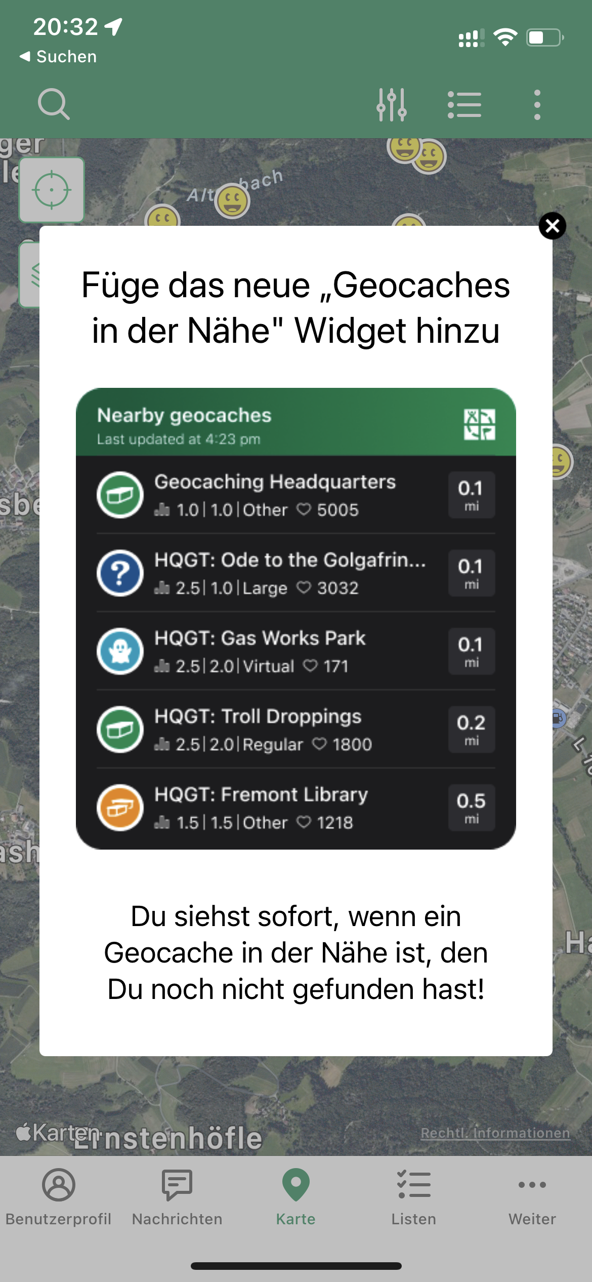 Geocaching Widget bei der iOS Geocaching®-App